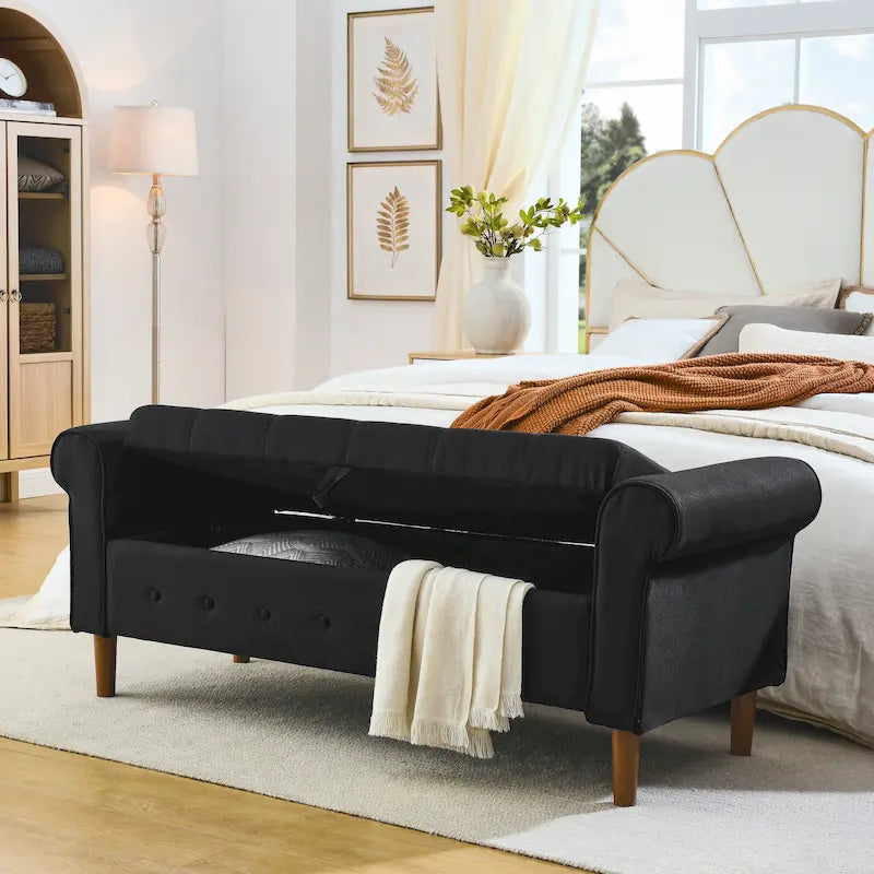 Modern Fabric Upholstered Storage Bench with Tufted Button and Rolled Arm