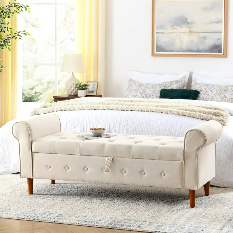 Modern Fabric Upholstered Storage Bench with Tufted Button and Rolled Arm