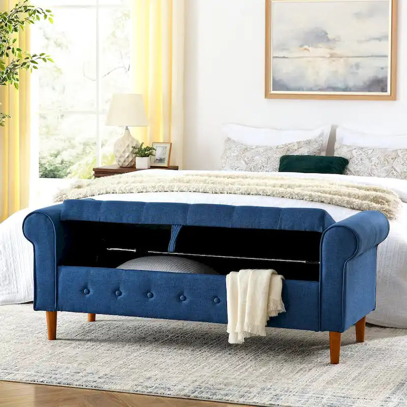 Modern Fabric Upholstered Storage Bench with Tufted Button and Rolled Arm