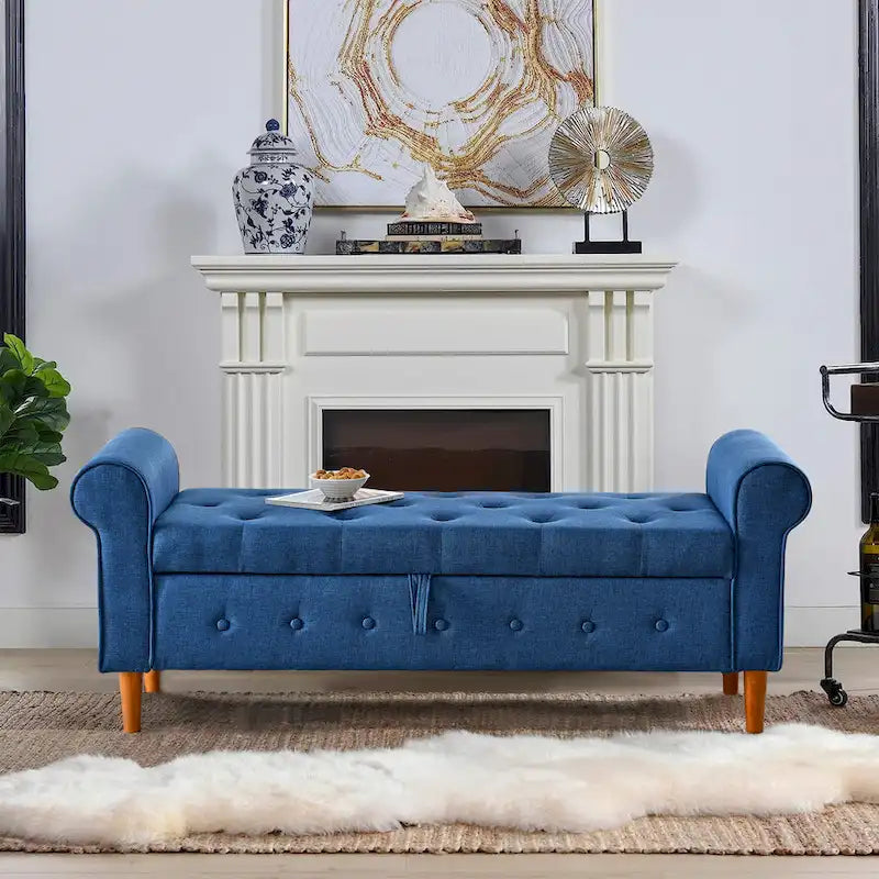 Modern Fabric Upholstered Storage Bench with Tufted Button and Rolled Arm