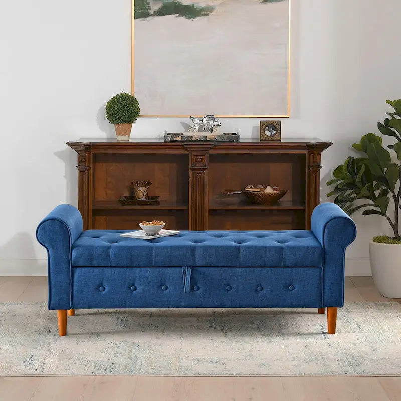 Modern Fabric Upholstered Storage Bench with Tufted Button and Rolled Arm