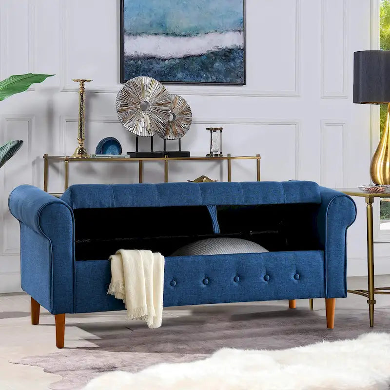 Modern Fabric Upholstered Storage Bench with Tufted Button and Rolled Arm