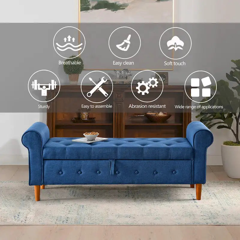 Modern Fabric Upholstered Storage Bench with Tufted Button and Rolled Arm