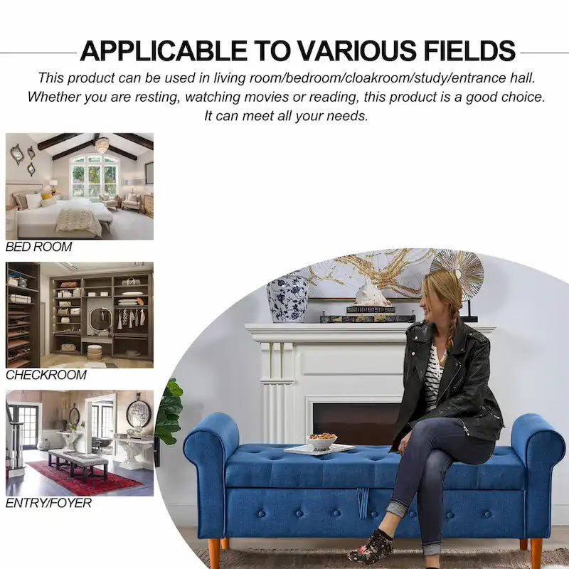 Modern Fabric Upholstered Storage Bench with Tufted Button and Rolled Arm