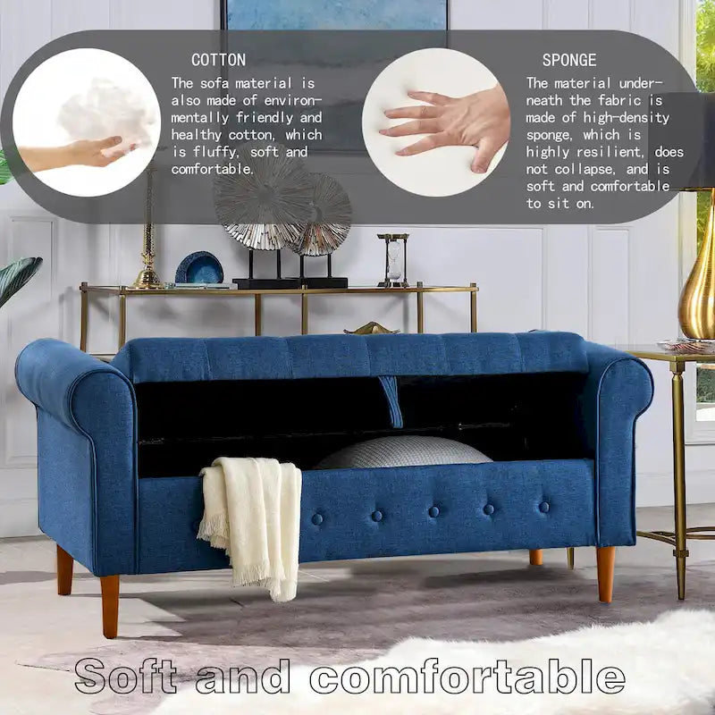 Modern Fabric Upholstered Storage Bench with Tufted Button and Rolled Arm