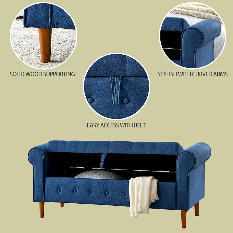 Modern Fabric Upholstered Storage Bench with Tufted Button and Rolled Arm