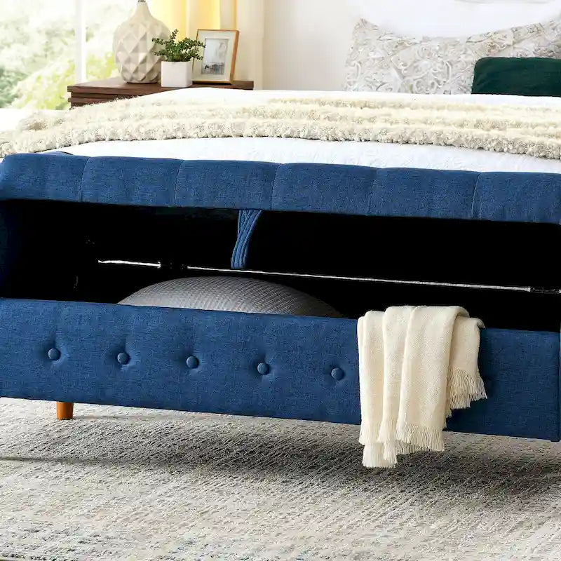 Modern Fabric Upholstered Storage Bench with Tufted Button and Rolled Arm