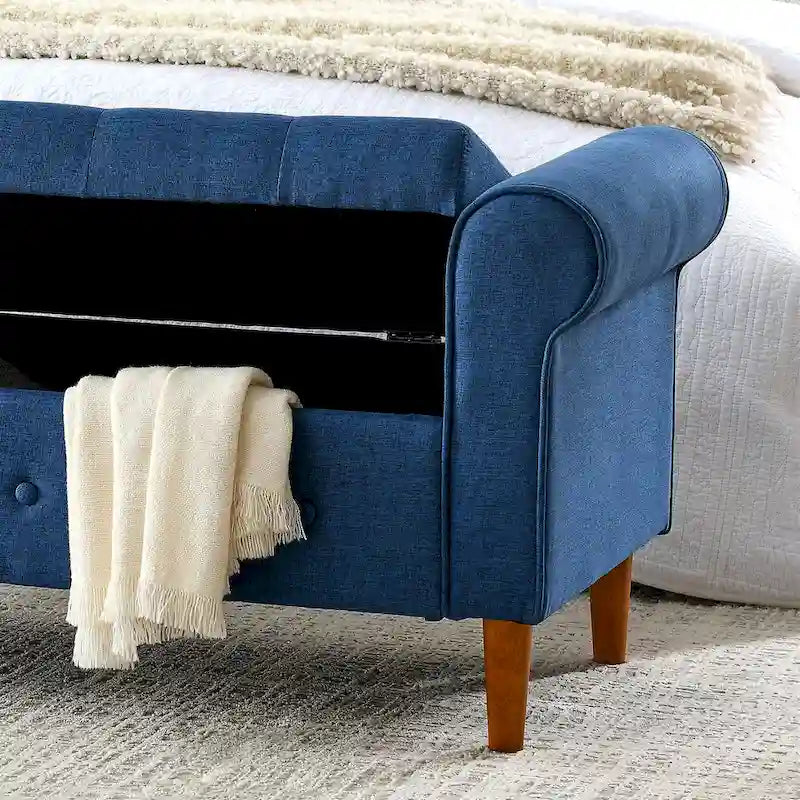 Modern Fabric Upholstered Storage Bench with Tufted Button and Rolled Arm