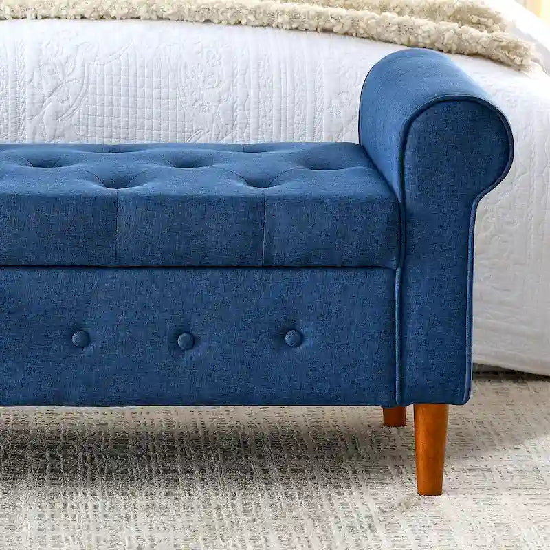 Modern Fabric Upholstered Storage Bench with Tufted Button and Rolled Arm