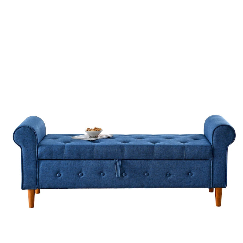 Modern Fabric Upholstered Storage Bench with Tufted Button and Rolled Arm