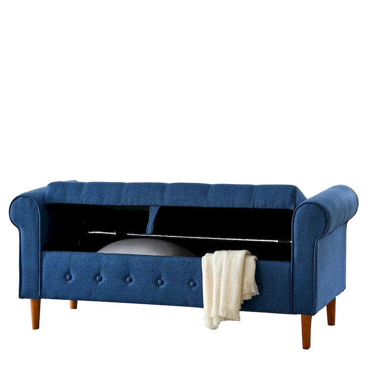 Modern Fabric Upholstered Storage Bench with Tufted Button and Rolled Arm