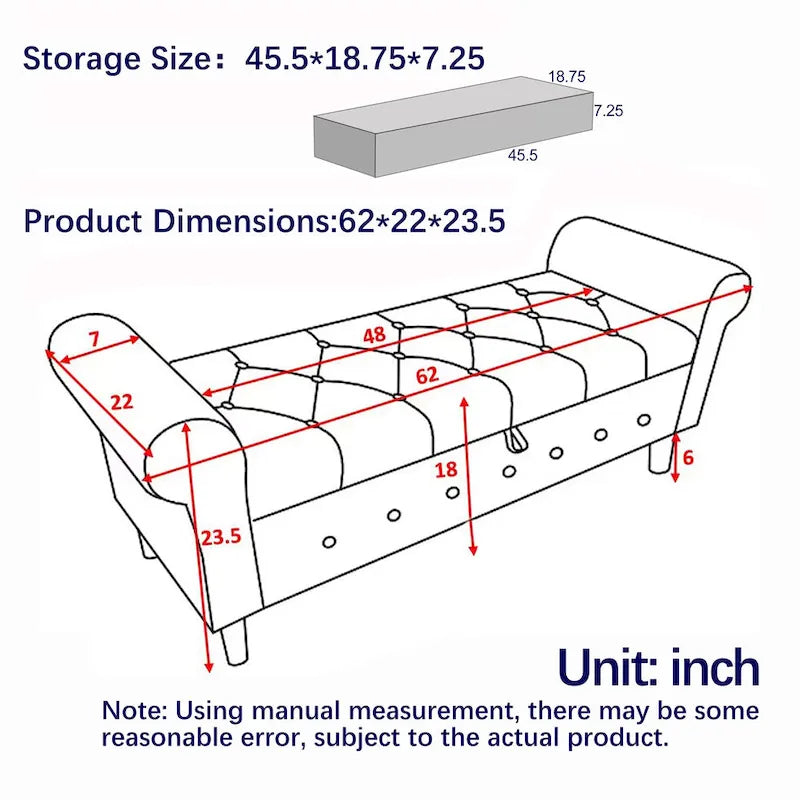 Modern Fabric Upholstered Storage Bench with Tufted Button and Rolled Arm
