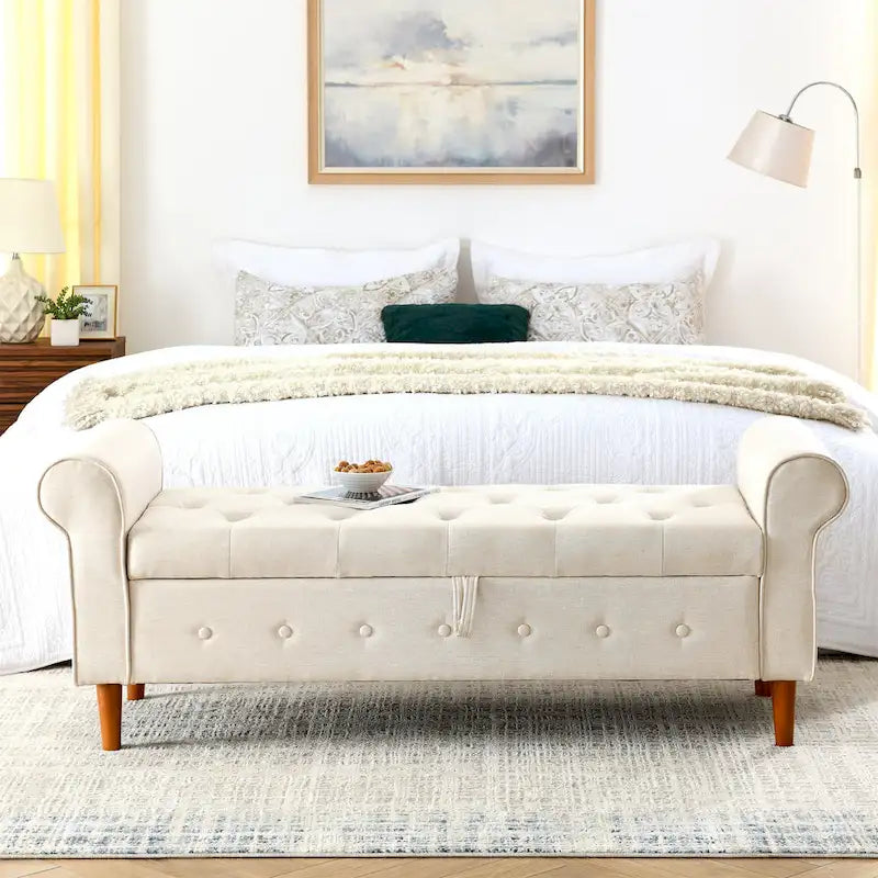 Modern Fabric Upholstered Storage Bench with Tufted Button and Rolled Arm