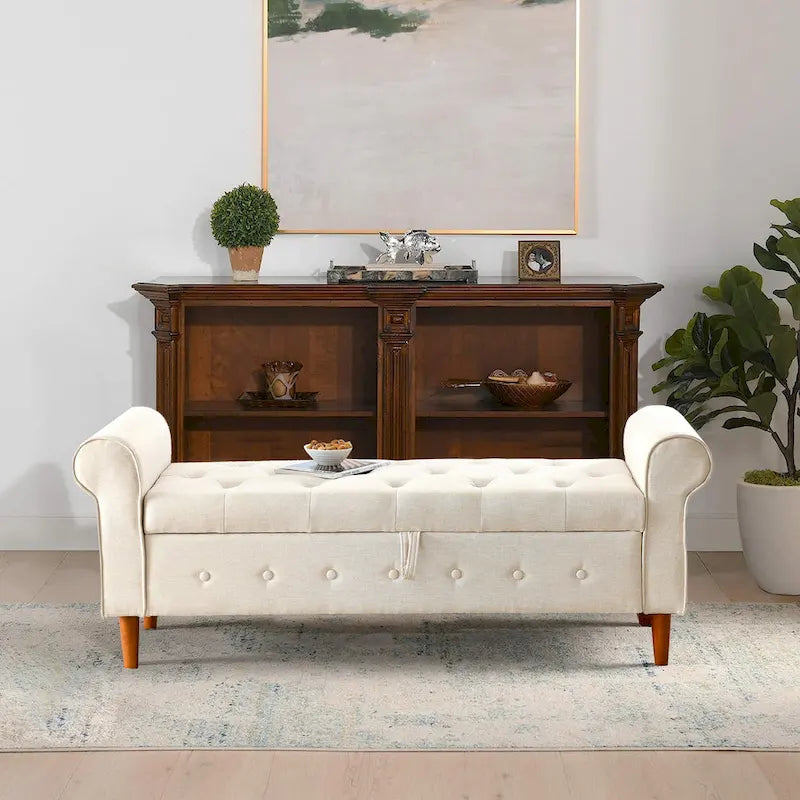 Modern Fabric Upholstered Storage Bench with Tufted Button and Rolled Arm