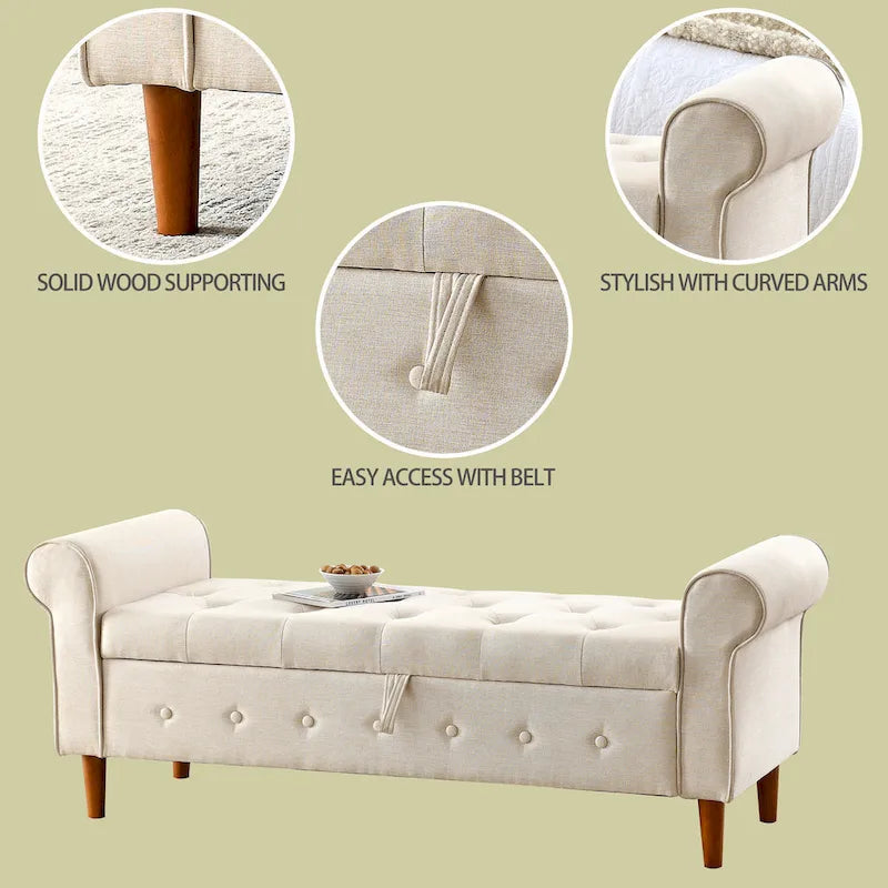 Modern Fabric Upholstered Storage Bench with Tufted Button and Rolled Arm