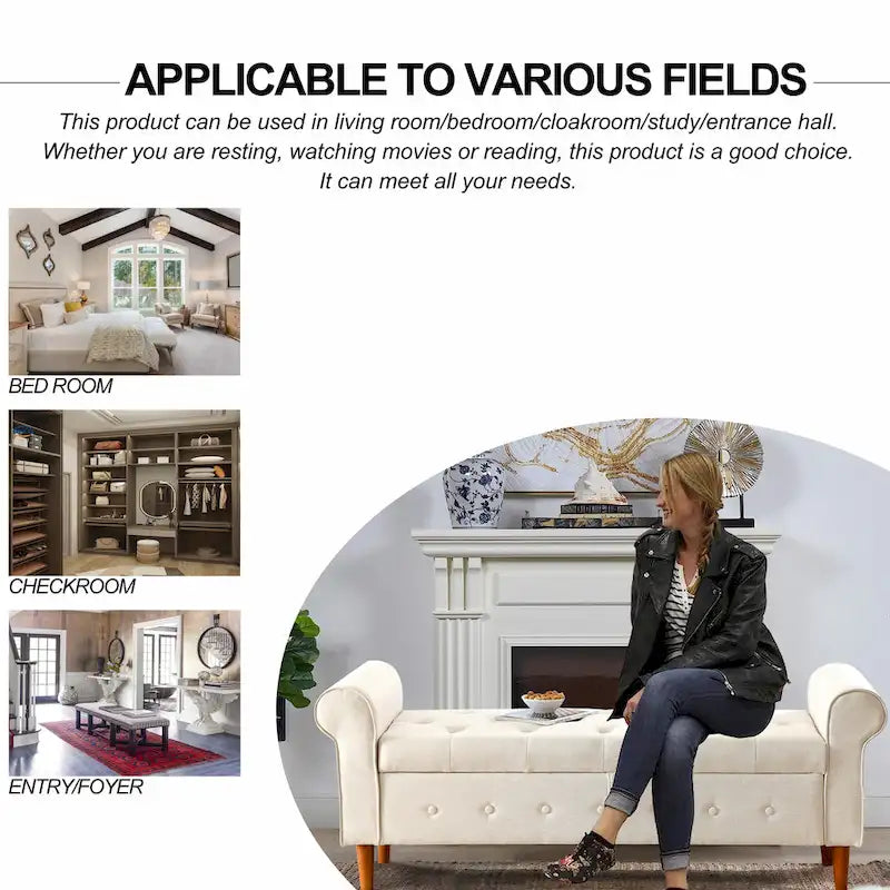 Modern Fabric Upholstered Storage Bench with Tufted Button and Rolled Arm