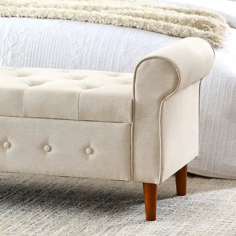 Modern Fabric Upholstered Storage Bench with Tufted Button and Rolled Arm