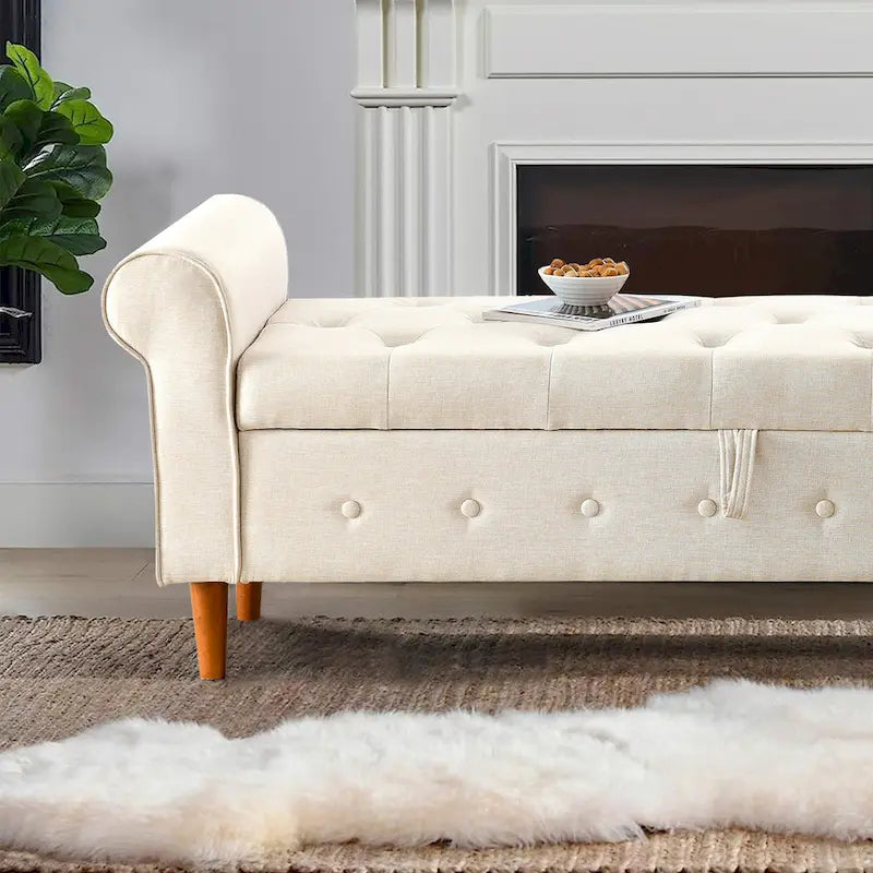 Modern Fabric Upholstered Storage Bench with Tufted Button and Rolled Arm