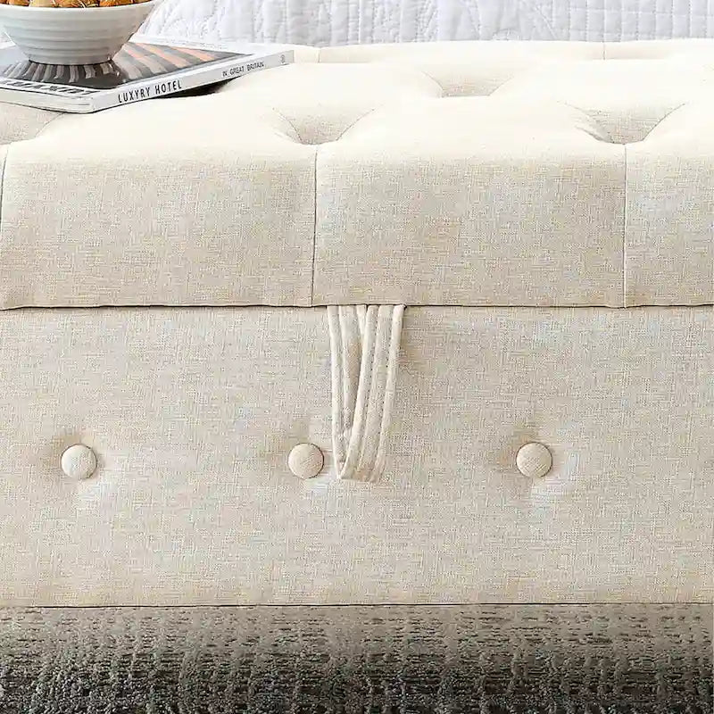 Modern Fabric Upholstered Storage Bench with Tufted Button and Rolled Arm