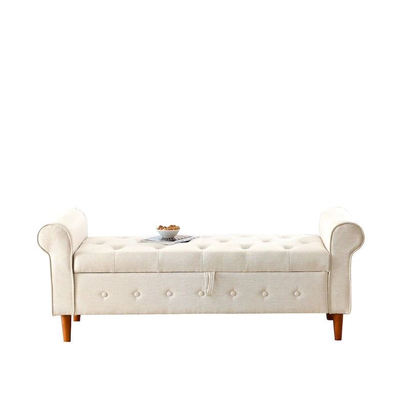 Modern Fabric Upholstered Storage Bench with Tufted Button and Rolled Arm