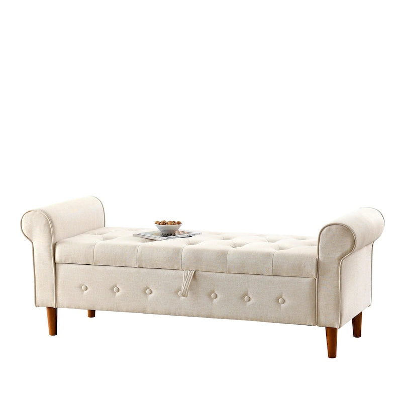 Modern Fabric Upholstered Storage Bench with Tufted Button and Rolled Arm