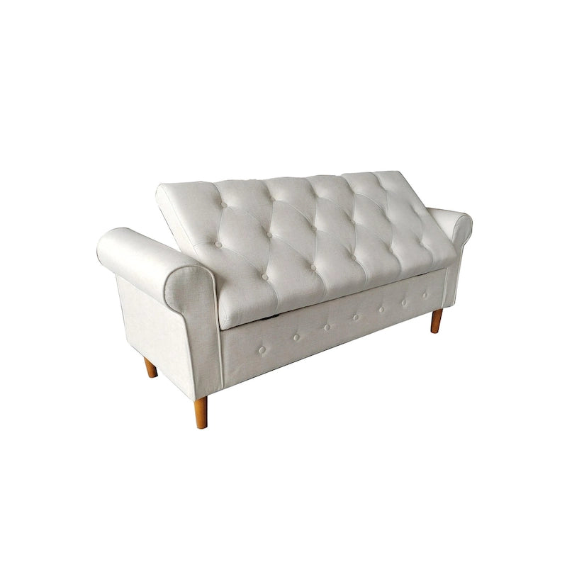 Modern Fabric Upholstered Storage Bench with Tufted Button and Rolled Arm