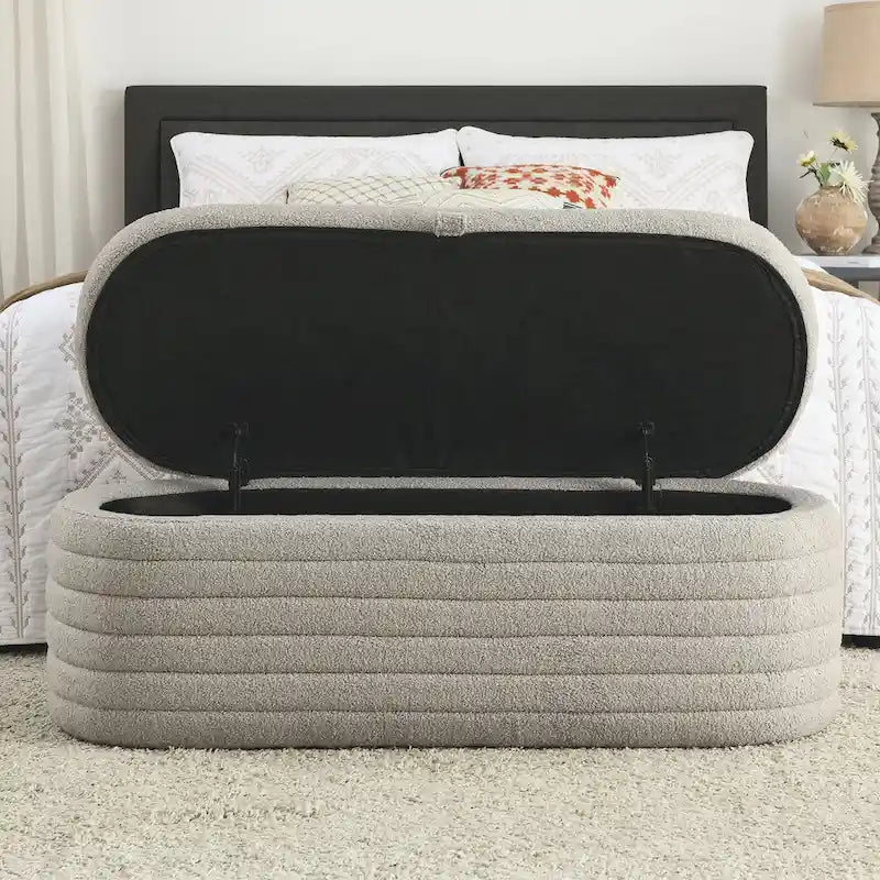 Teddy Fabric Upholstered Storage Bench End of Bed Stool with Safety Hinge