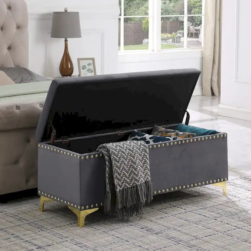 2 in 1 Combination Tufted Velvet Benches Set with Gold Leg and Nailhead Trim