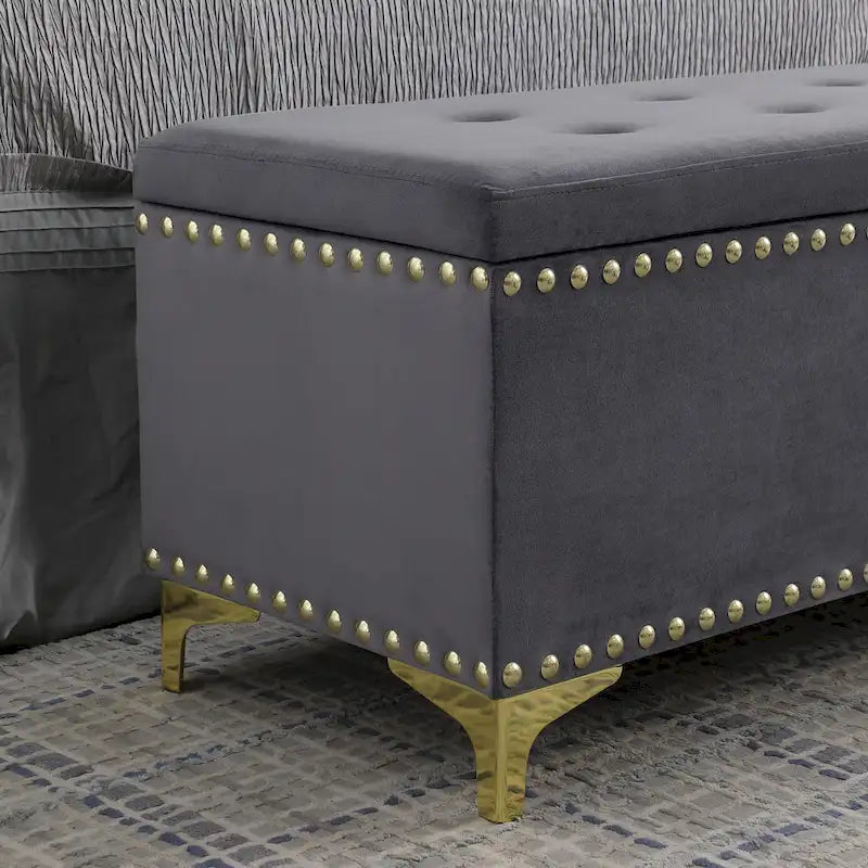 2 in 1 Combination Tufted Velvet Benches Set with Gold Leg and Nailhead Trim