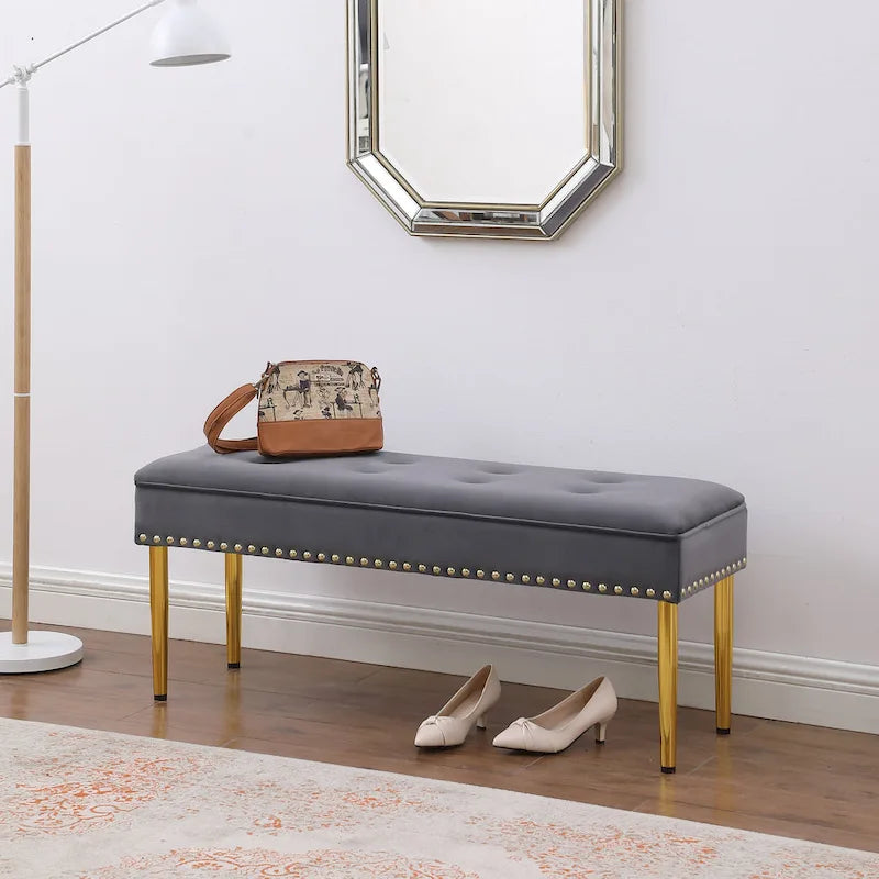 2 in 1 Combination Tufted Velvet Benches Set with Gold Leg and Nailhead Trim