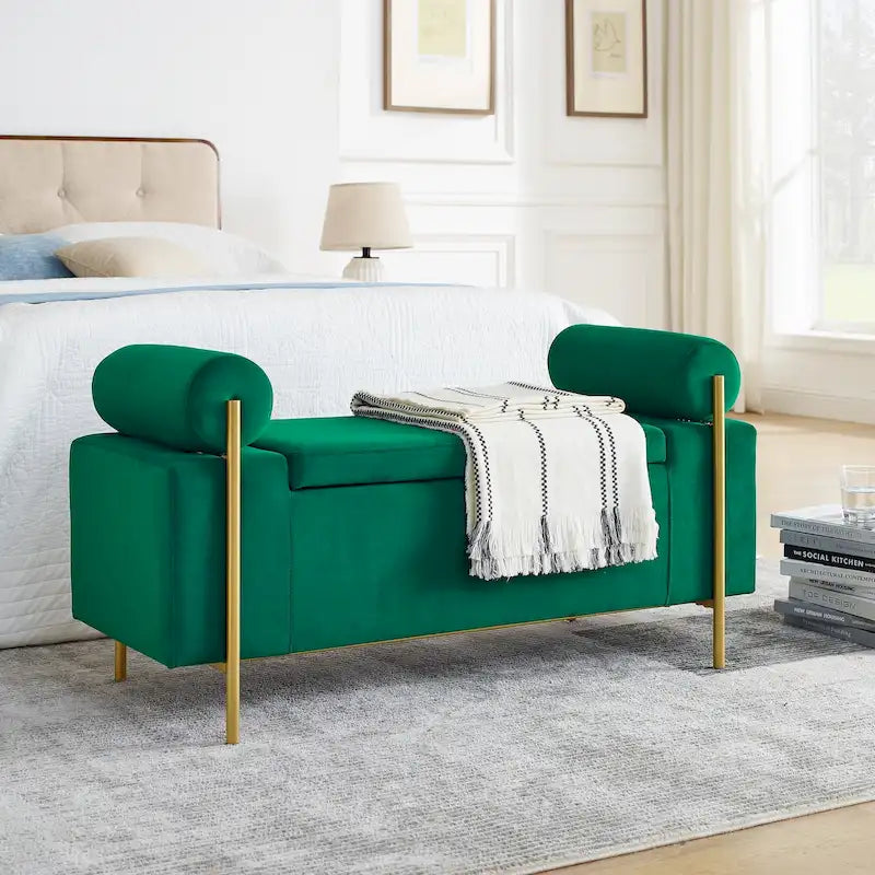 Velvet Storage Ottoman Bench with Cylindrical Arms and Iron Legs