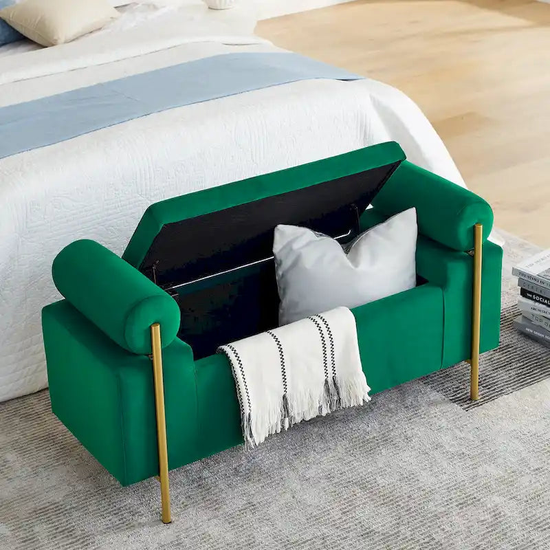 Velvet Storage Ottoman Bench with Cylindrical Arms and Iron Legs