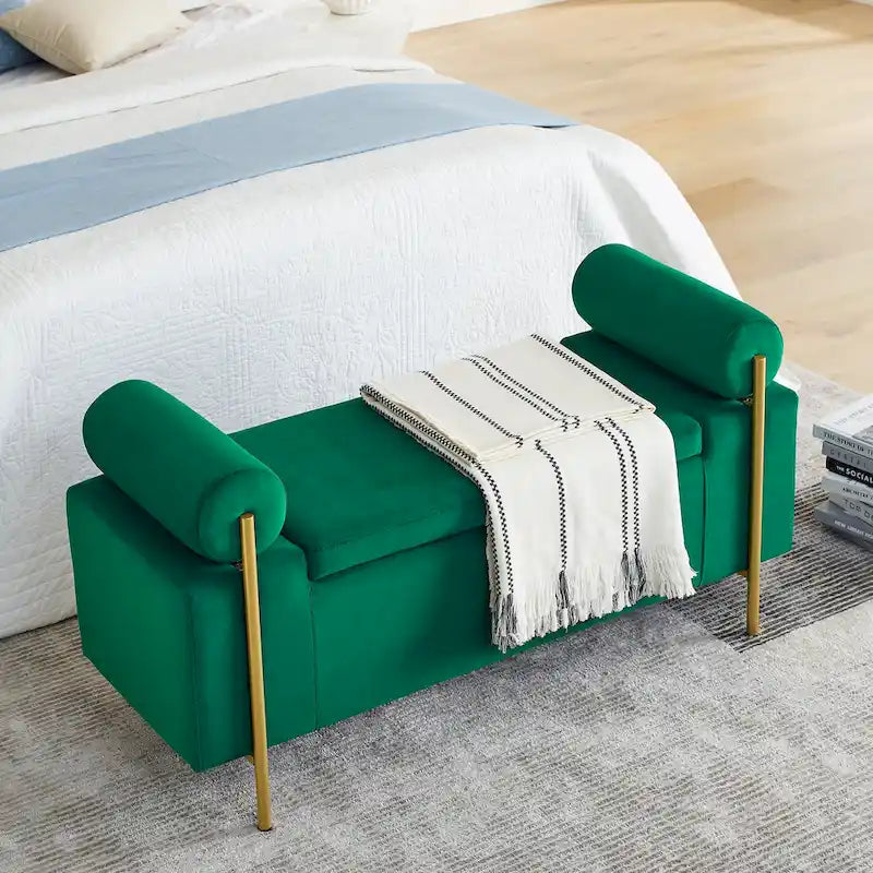 Velvet Storage Ottoman Bench with Cylindrical Arms and Iron Legs