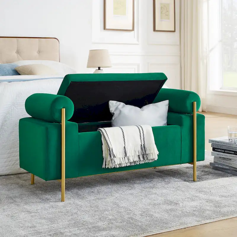 Velvet Storage Ottoman Bench with Cylindrical Arms and Iron Legs