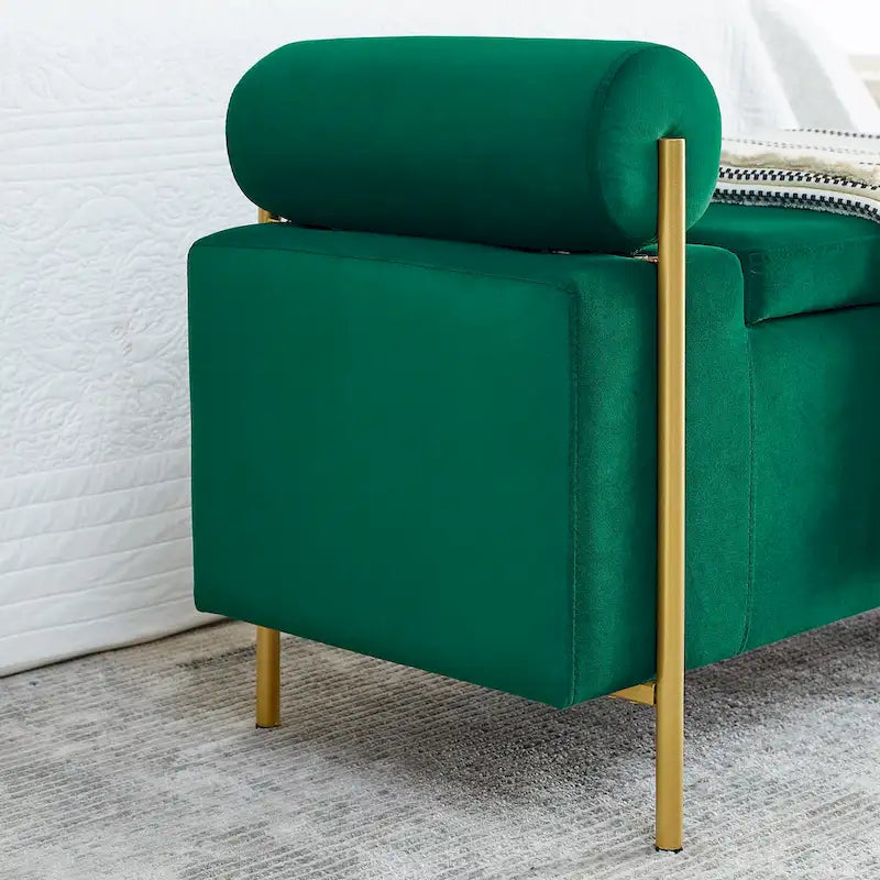 Velvet Storage Ottoman Bench with Cylindrical Arms and Iron Legs