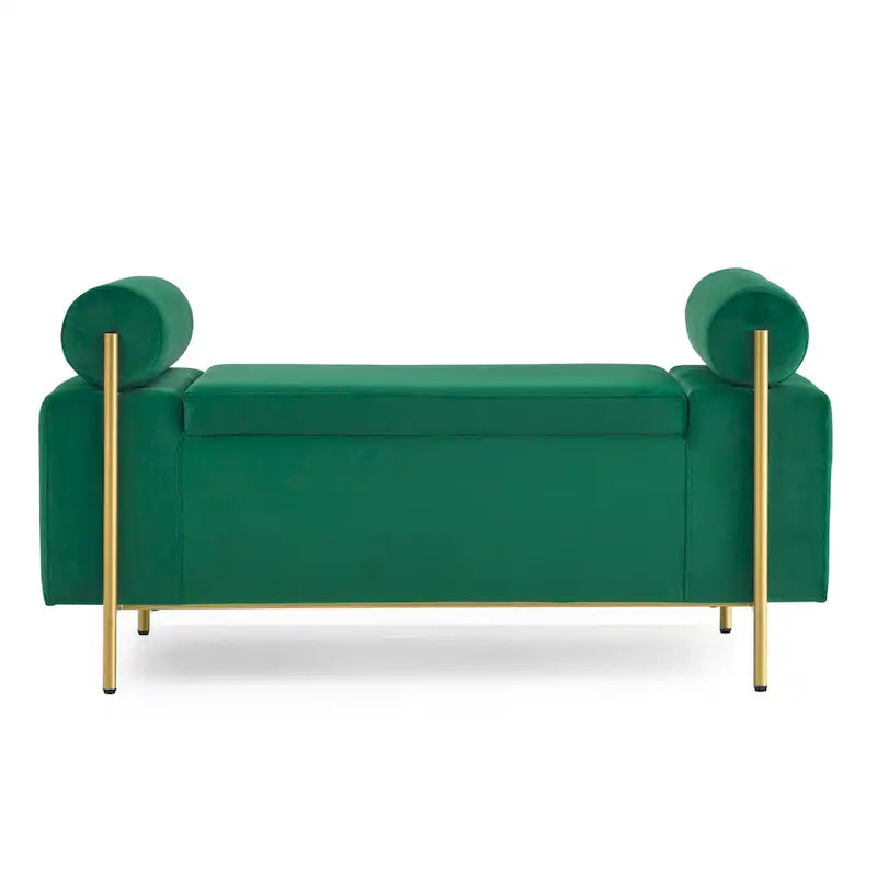 Velvet Storage Ottoman Bench with Cylindrical Arms and Iron Legs