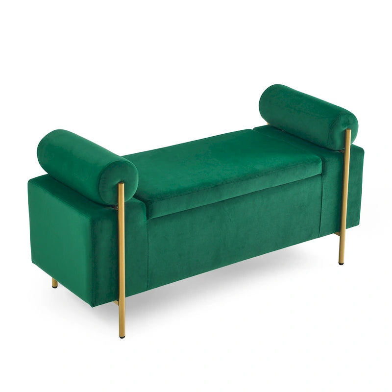 Velvet Storage Ottoman Bench with Cylindrical Arms and Iron Legs