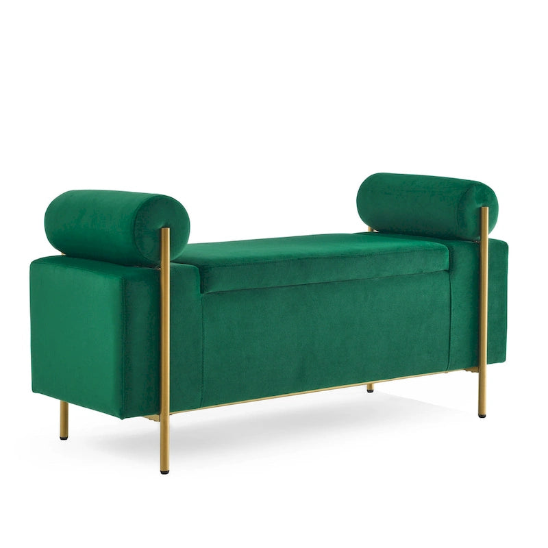 Velvet Storage Ottoman Bench with Cylindrical Arms and Iron Legs