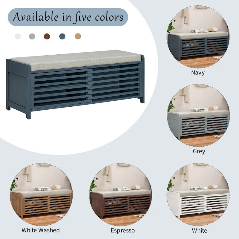 Distressed Shutter Storage Bench with Acacia Veneer for Retro Charm for Living Room, Entryway (Navy)