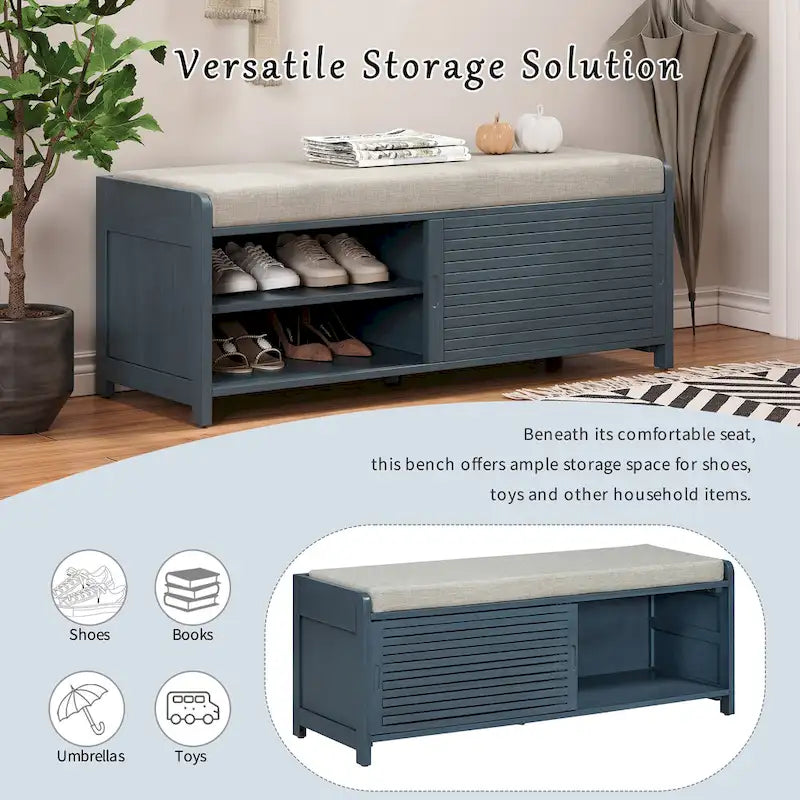 Distressed Shutter Storage Bench with Acacia Veneer for Retro Charm for Living Room, Entryway (Navy)