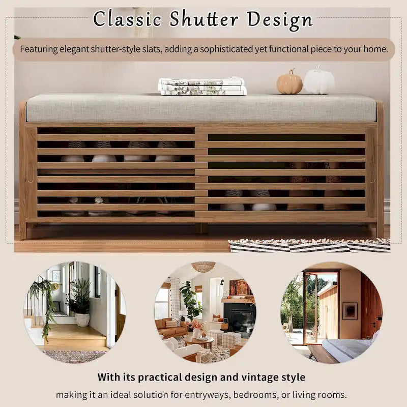 Distressed Shutter Storage Bench with Acacia Veneer for Retro Charm for Living Room, Entryway (Navy)