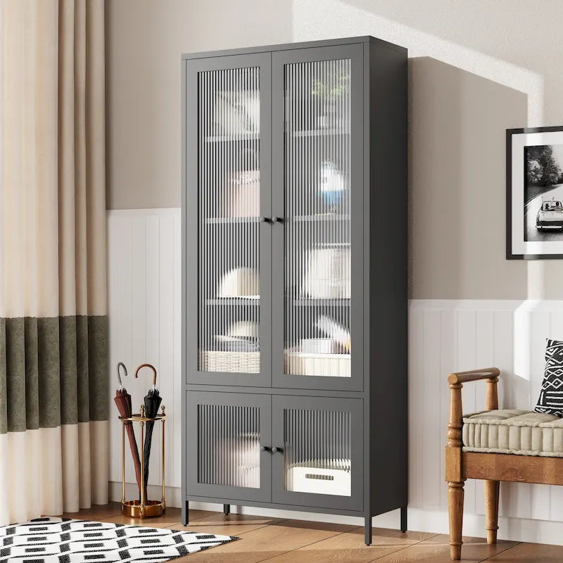 Large Metal Storage Cabinet Display Cabinet with 4 Glass Doors 5 Shelves Side Cabinet Bookcase Freestanding Cabinet