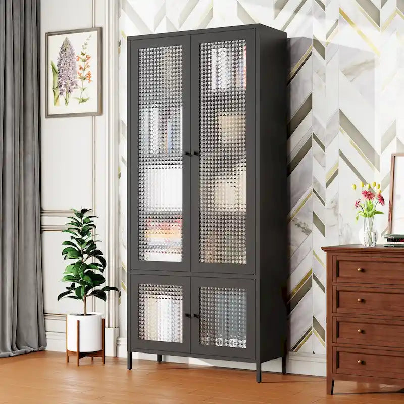Large Metal Storage Cabinet Display Cabinet with 4 Glass Doors 5 Shelves Side Cabinet Bookcase Freestanding Cabinet