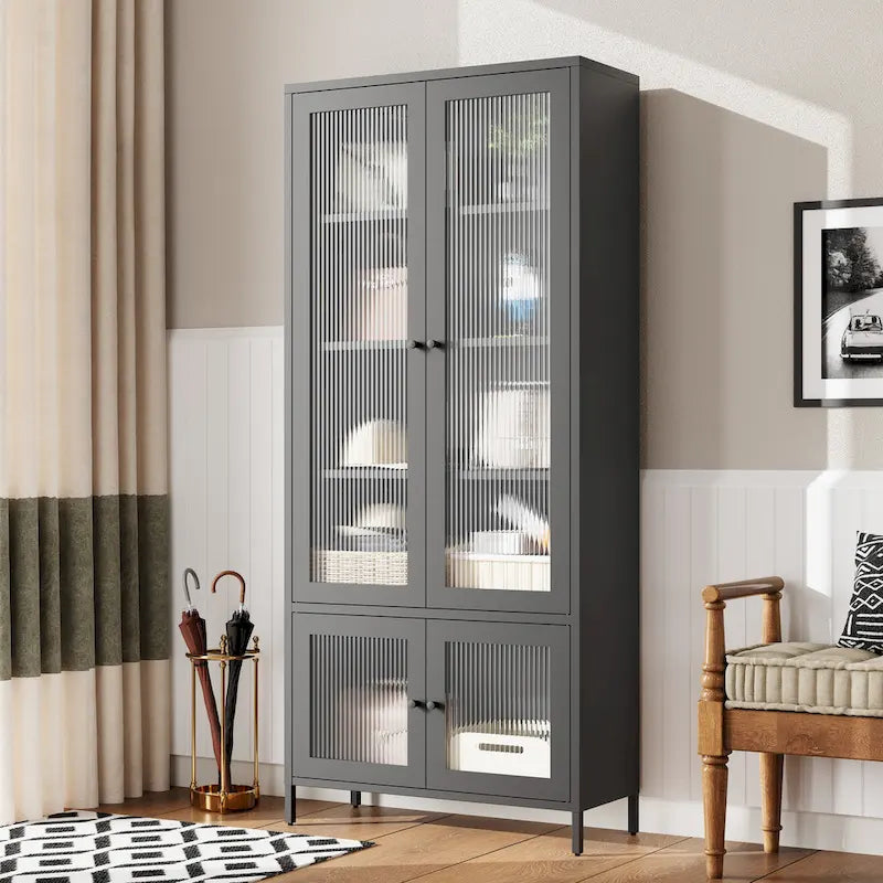 Large Metal Storage Cabinet Display Cabinet with 4 Glass Doors 5 Shelves Side Cabinet Bookcase Freestanding Cabinet