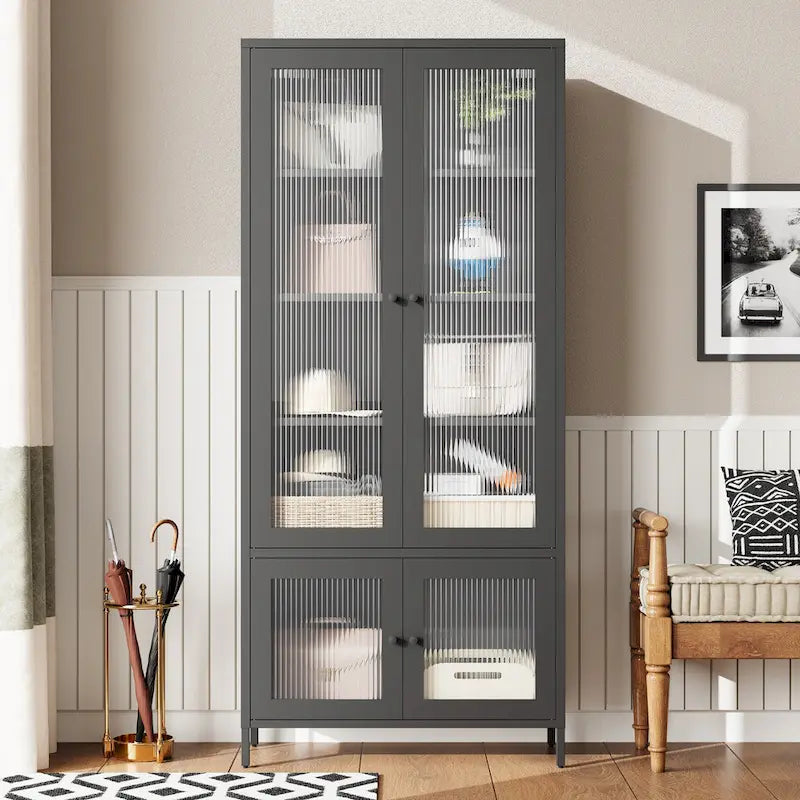 Large Metal Storage Cabinet Display Cabinet with 4 Glass Doors 5 Shelves Side Cabinet Bookcase Freestanding Cabinet