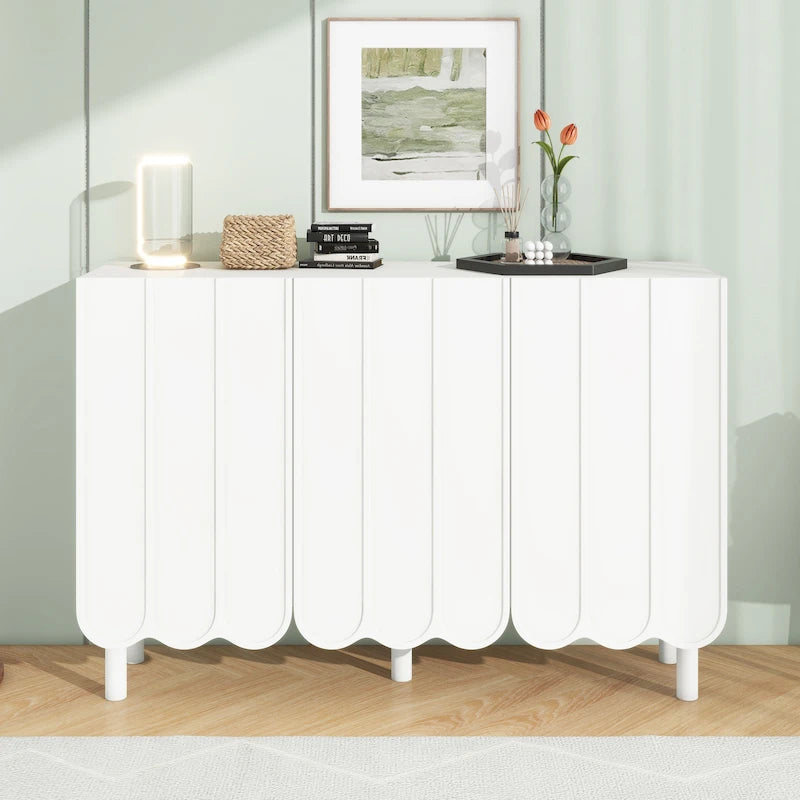 Cream Style Minimalist Shoe Cabinet with 5 Solid Wood Legs, Sideboard Buffet Cabinet with Adjustable Shelves