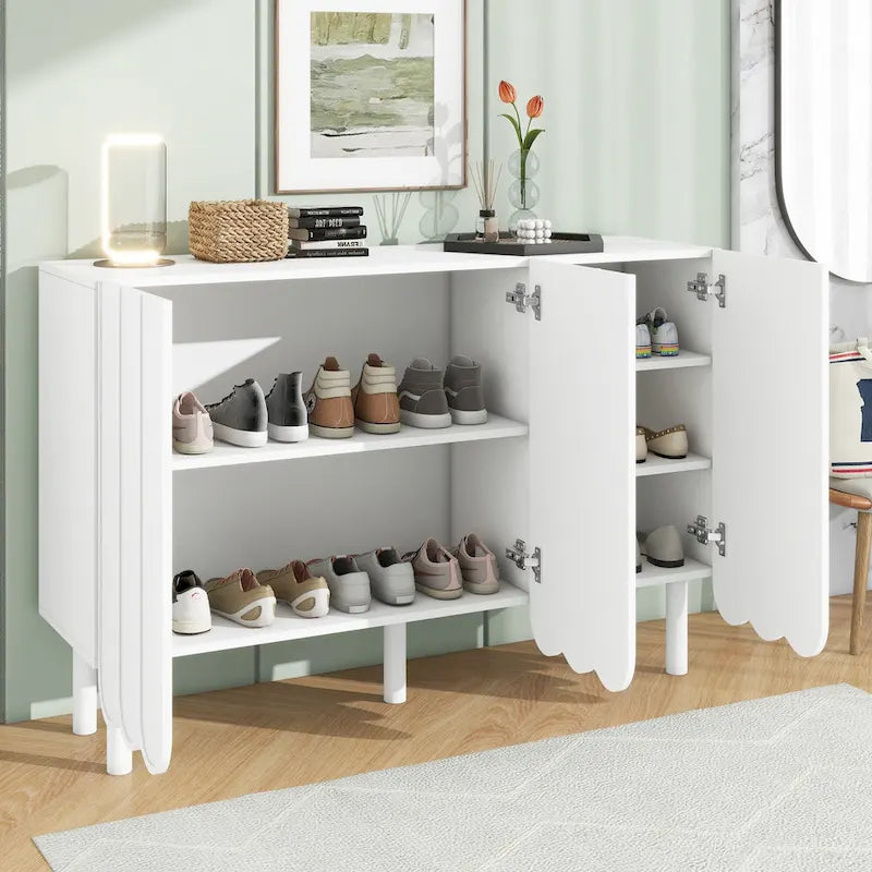 Cream Style Minimalist Shoe Cabinet with 5 Solid Wood Legs, Sideboard Buffet Cabinet with Adjustable Shelves