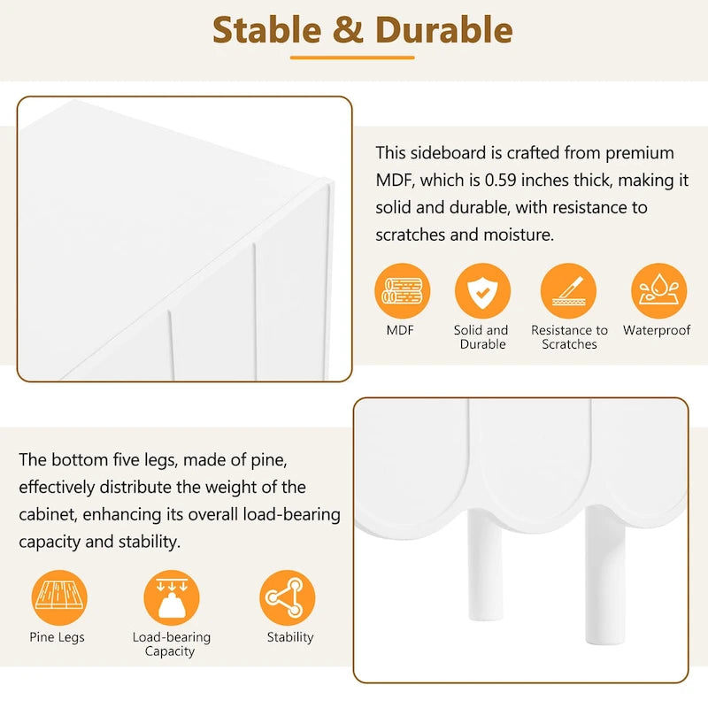 Cream Style Minimalist Shoe Cabinet with 5 Solid Wood Legs, Sideboard Buffet Cabinet with Adjustable Shelves