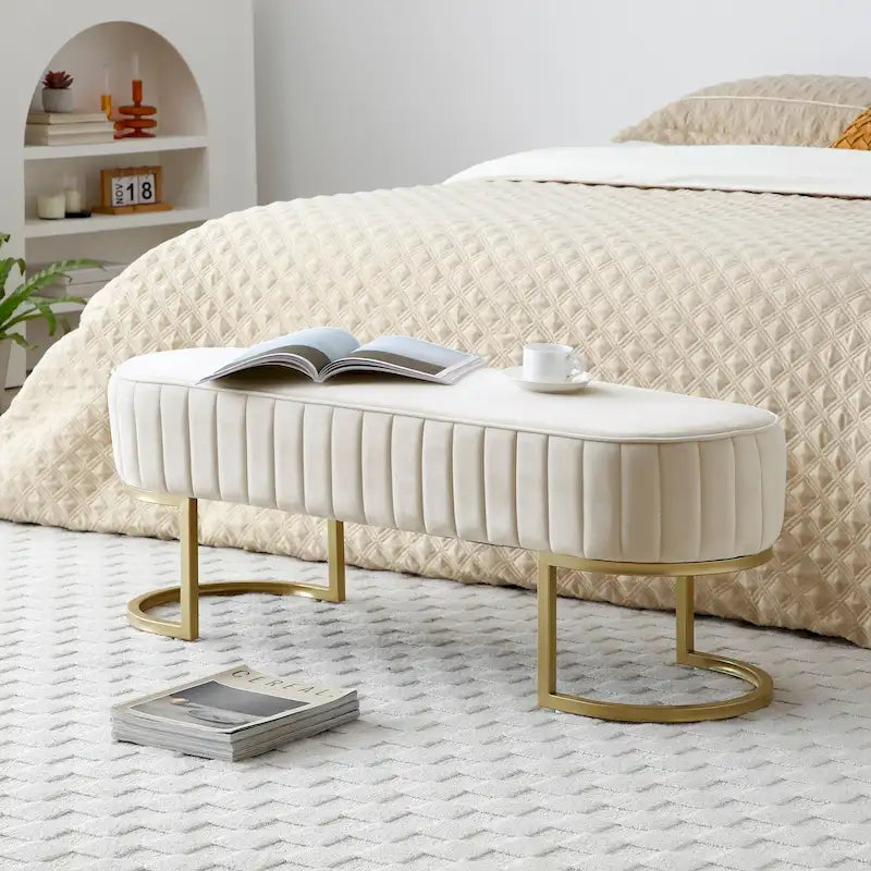 Velvet Oval Upholstered Bench with Golden Metal Legs ,48 Modern Storage Ottoman Bench