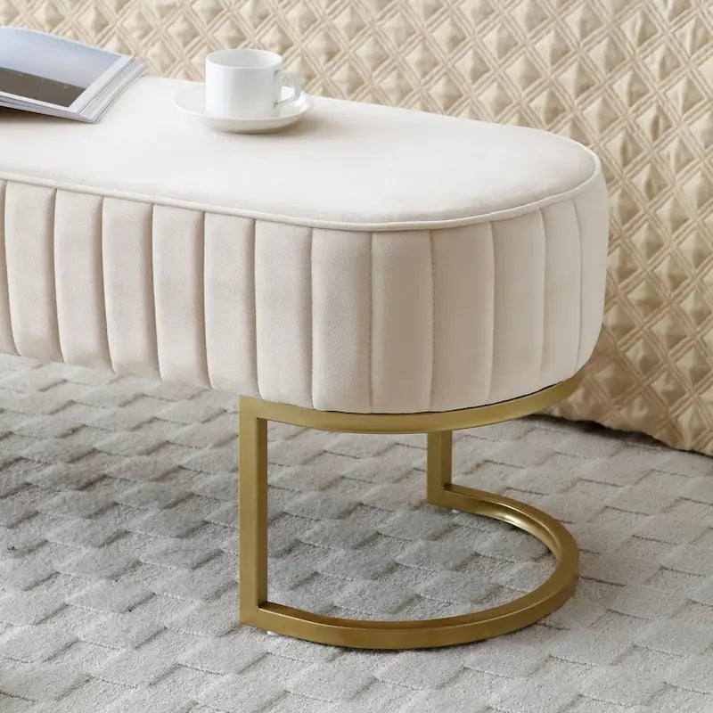 Velvet Oval Upholstered Bench with Golden Metal Legs ,48 Modern Storage Ottoman Bench